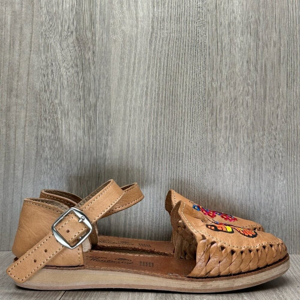 Montserrat Sandals Girls Size 6.5 Brown Leather Butterfly Embroidered Flat
